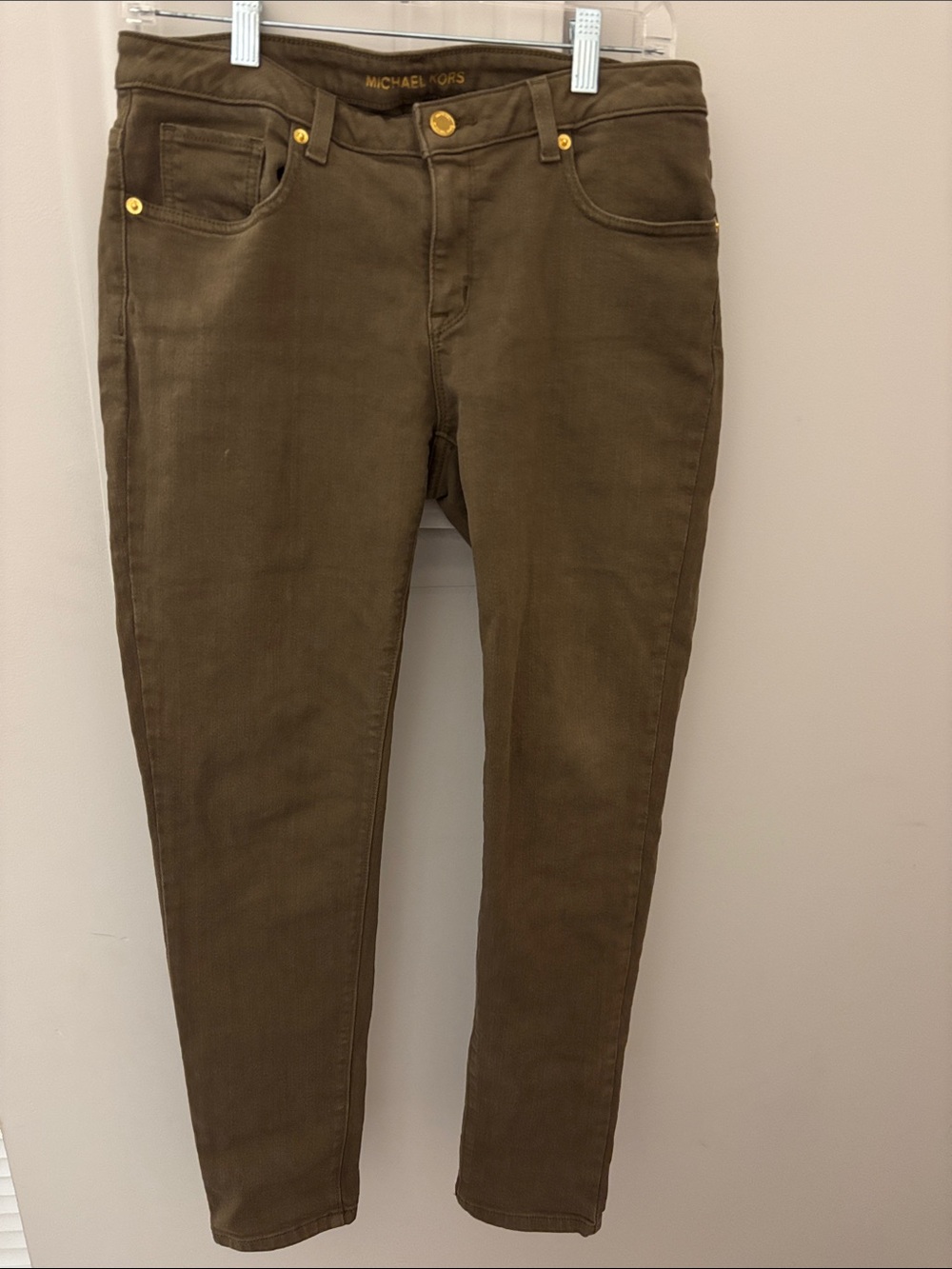 Michael Kors Olive-Tone Skinny Jeans with Gold Hardware 6 army green denim